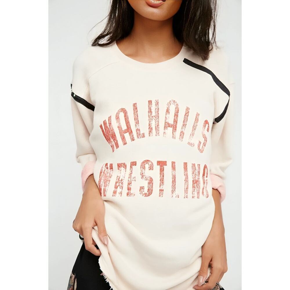 Free People Aloha Life Pullover Sweatshirt Beige Small Walhalis Wrestling Fringe